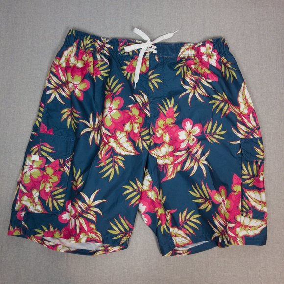 Denim Blue Tropical Floral Print Swim Trunks XXL - Picture 2 of 7